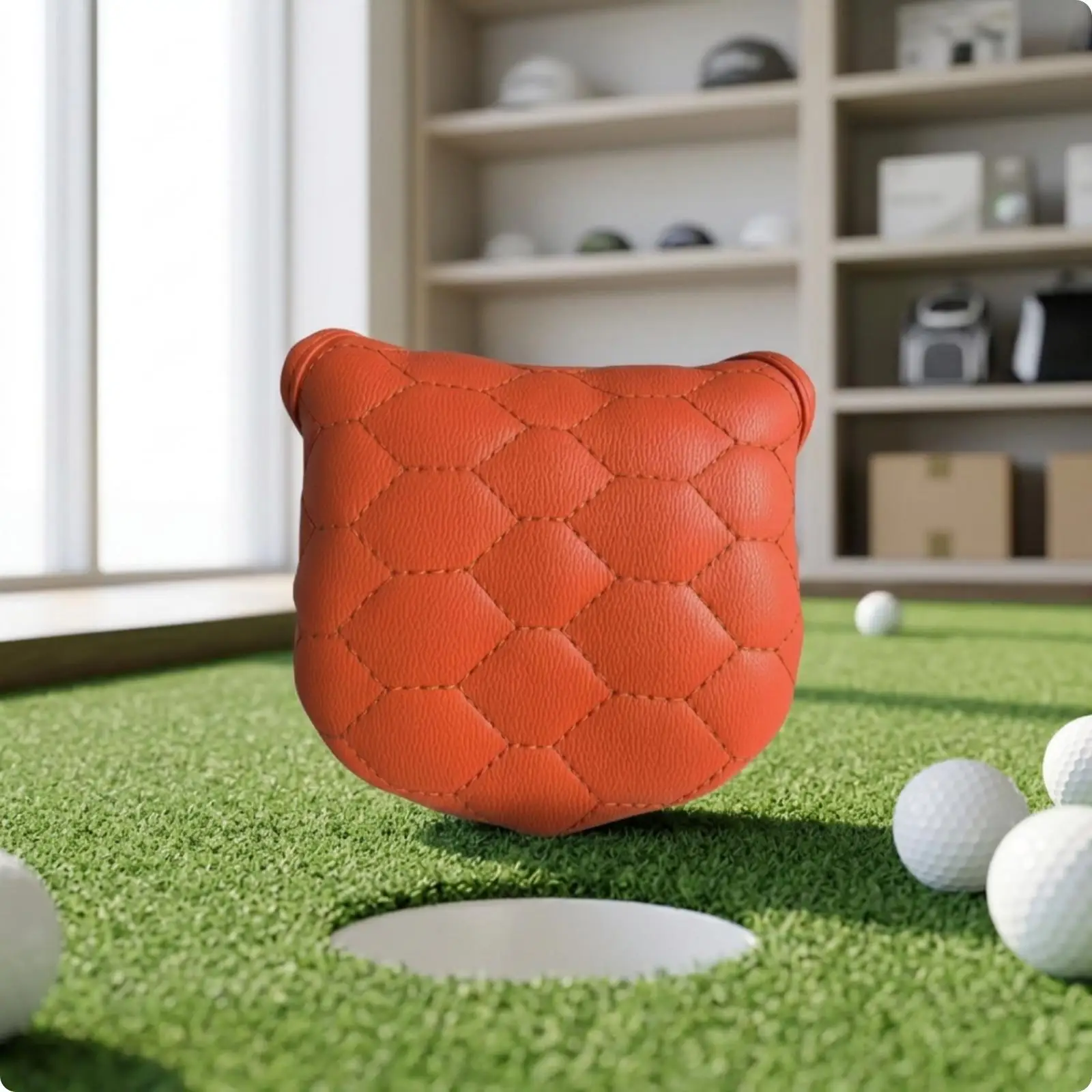 Orange Lined Golf Putter Cover for Mallet Putters Soft Padded Body with Rounded Lower Edge Pull on Design for Quick Access
