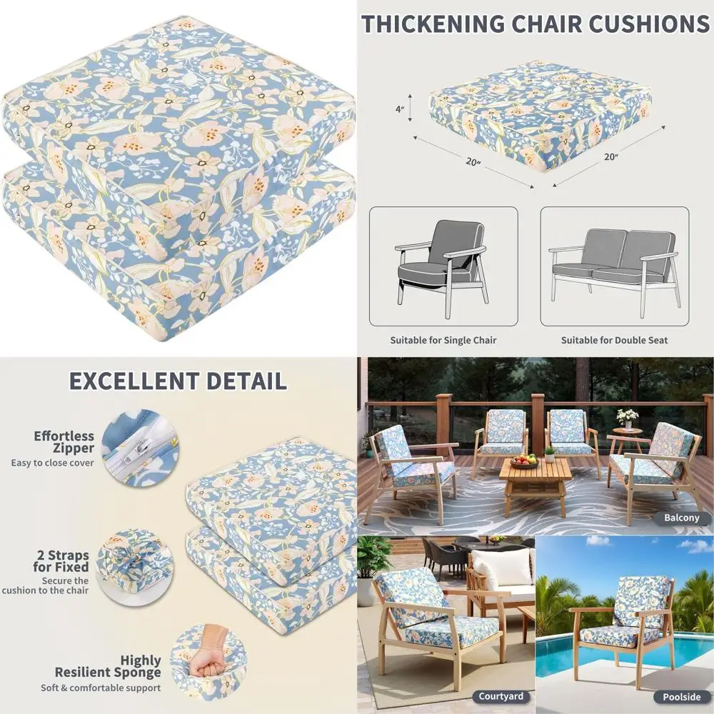

Set of 2 Outdoor Chair Cushions 20x20x4 Inches, Waterproof Patio Seat Cushions with Ties, Flower Blue