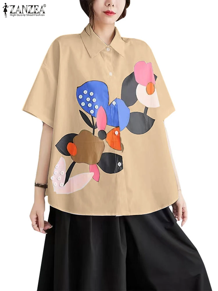 2024 Zomer Revers Kraag Koreaanse Tops ZANZEA Vrouwen Bloemen Bedrukte Shirts Vakantie Korte Mouw Blouse Casual Losse All-Match tuniek