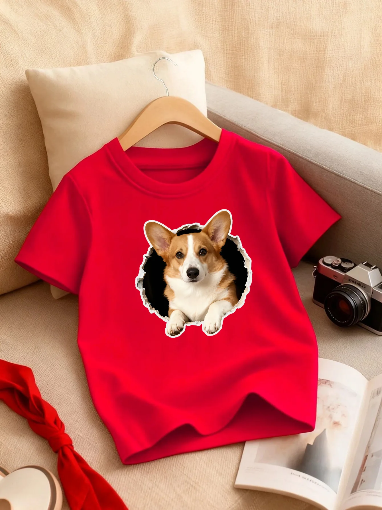 Broken Hole Corgi Dog Print Kids T Shirt Boys Girls Parent Child Matching Soft Cotton Casual Short Sleeve Basic Daily Tees