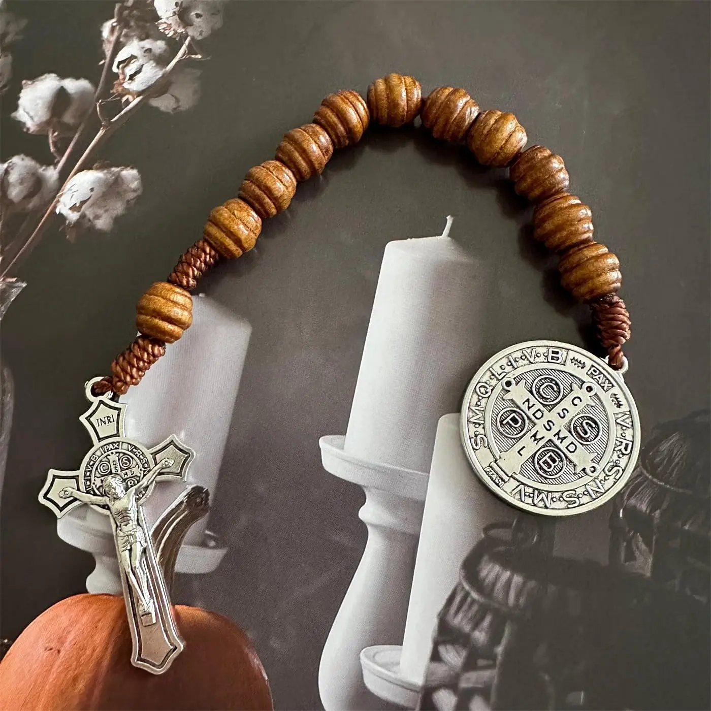 Saint Benedict Rosary Necklace 9 Inch Wood Beads Medal Prayer Pocket Catholic Brown Medalla De San Benitol Crucifix K10111
