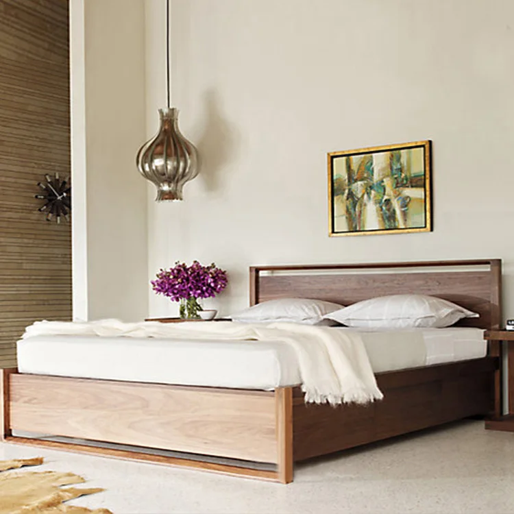 Nordic black walnut double bed, Japanese oak hanging drawer solid wood high air pressure box master bed