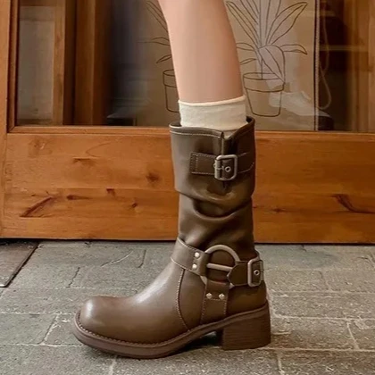 

High Quality New Women Boots Retro Platform Boots 2025 Round Toe Solid Color Low Heel Short Buckle Casual Women's Fashion Boots