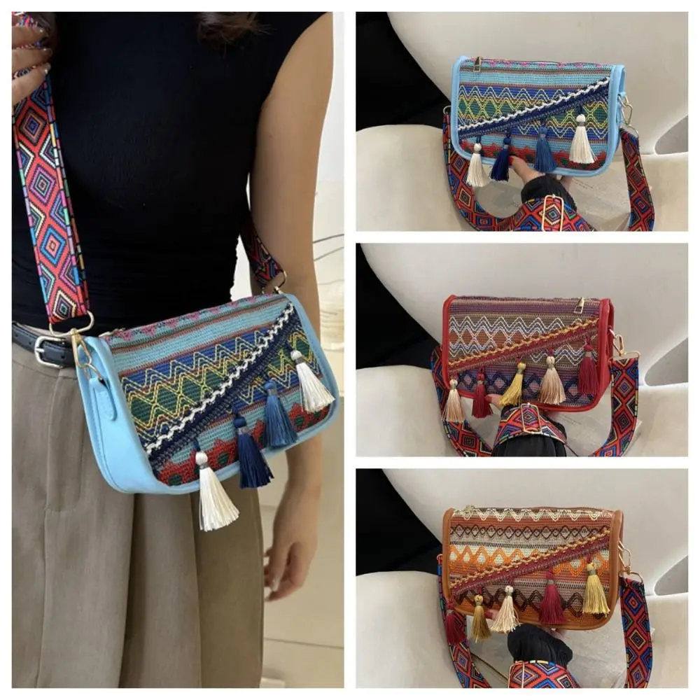 

Embroidery Bohemian Shoulder Bag Colorful Tassel Large Capacity Bag Geometric Messenger Bag Ethnic Style Crossbody Bag Outdoor