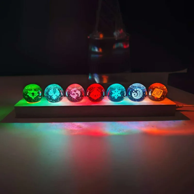Genshin Impact 4cm Crystal Ball Set Night Light 3D Carved Seven Elements Room Atmosphere Light Desktop Ornament Decorative Light