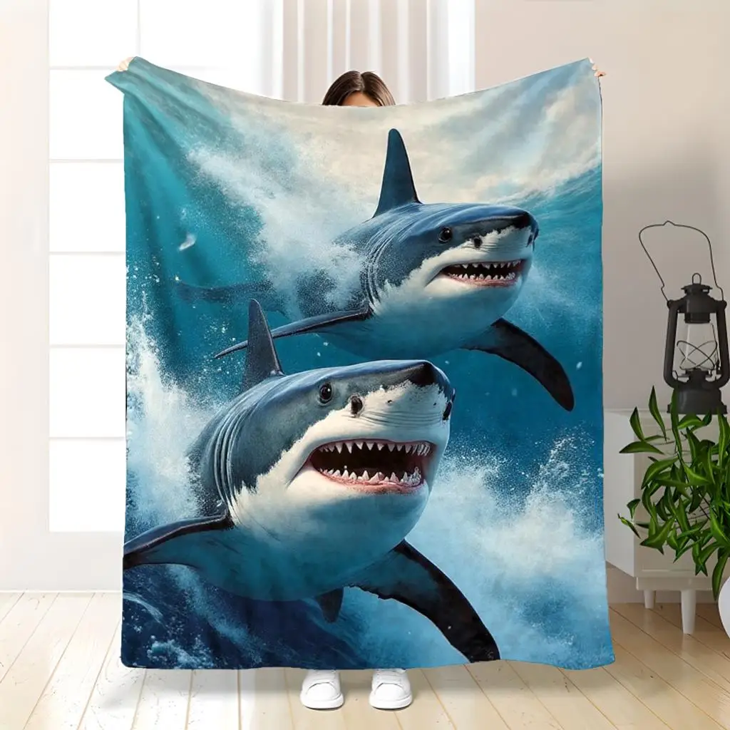 Heavyweight 240g Shark Print Flannel Blanket - Thick Suitable for Bed & Sofa, Shark-Themed Bedspread with Lab-Tested Warmth Tech