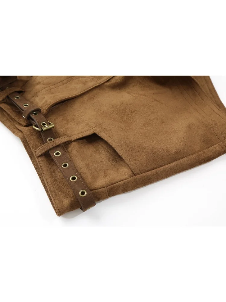 Celana Kulit Wanita Model A-Line High Waist Warna Cokelat Bahan Suede untuk Musim Gugur dan Musim Dingin, Cocok untuk Aktivitas Luar Ruangan