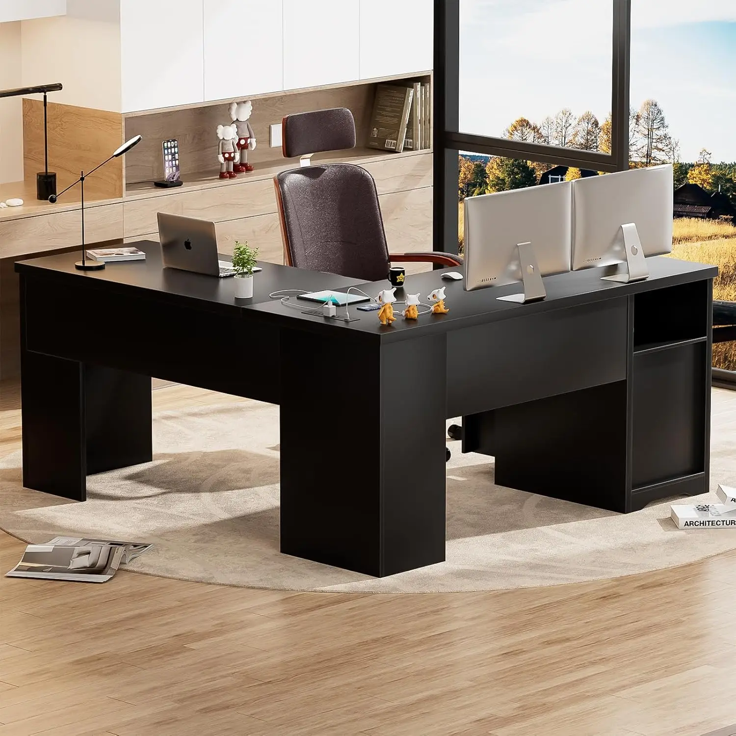 L Shaped Desk with Lift Top and Drawer, Large Office Desk with Power Outlets and USB Charging Ports