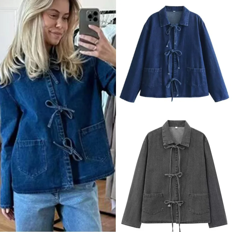 Casual Denim Jacket Lapel Bow Decorated With Long-Sleeved Pockets Wash Jeans Shirt Early Spring Fashion Commuter Women's Top