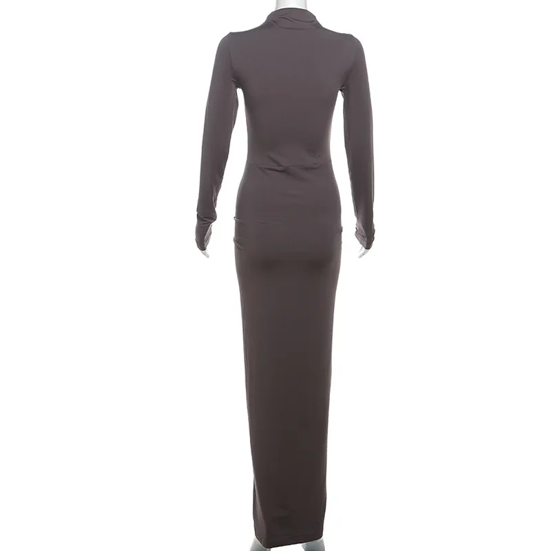 Women Casual Long Sleeve Slim Fit Party Dress Elegant Hight Waist Solid Maxi Dress Fashion Half Open Collar Pleated Long Dresses image 5
