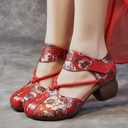 Ethnic Style Genuine Leather Round Toe Thick HeeledWomen Shoes Sandals Women Beach Summer Sandals Non-slip Middle Heel Mom Shoes