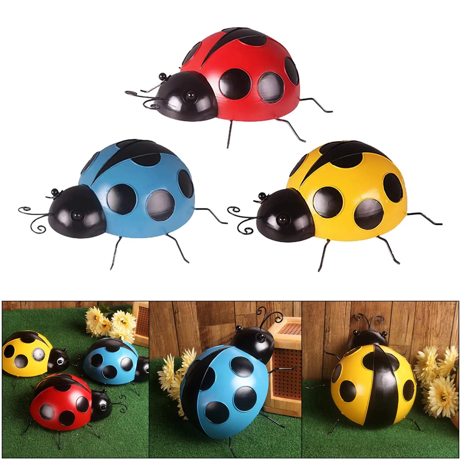 3x Cute Iron Ladybird Sculpture Wall Art Ladybug Fence Kindergarten Decor