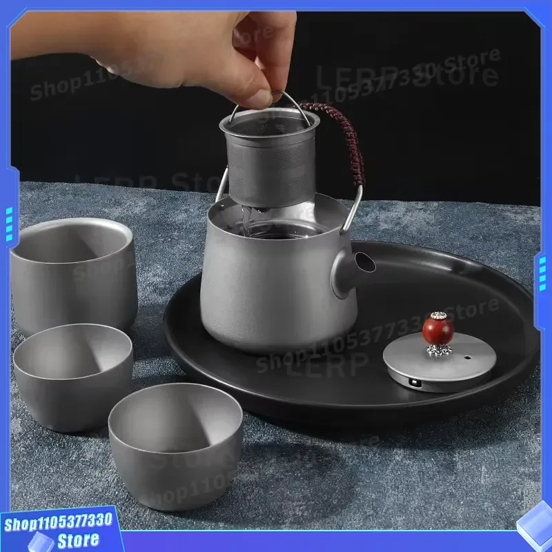 Portable Titanium Chinese Gongfu Tea Set Travel Camping Teapot Kit Lightweight Outdoor Tea Maker for Hiking Picnic Compact
