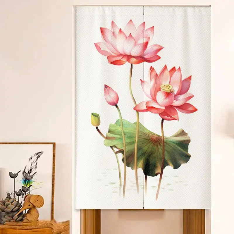 VIKAMA Chinese Style Noren Door Curtain Watercolor Pink Lotus Flower Print Room Divider Teahouse Oriental Hanging Decor Curtain