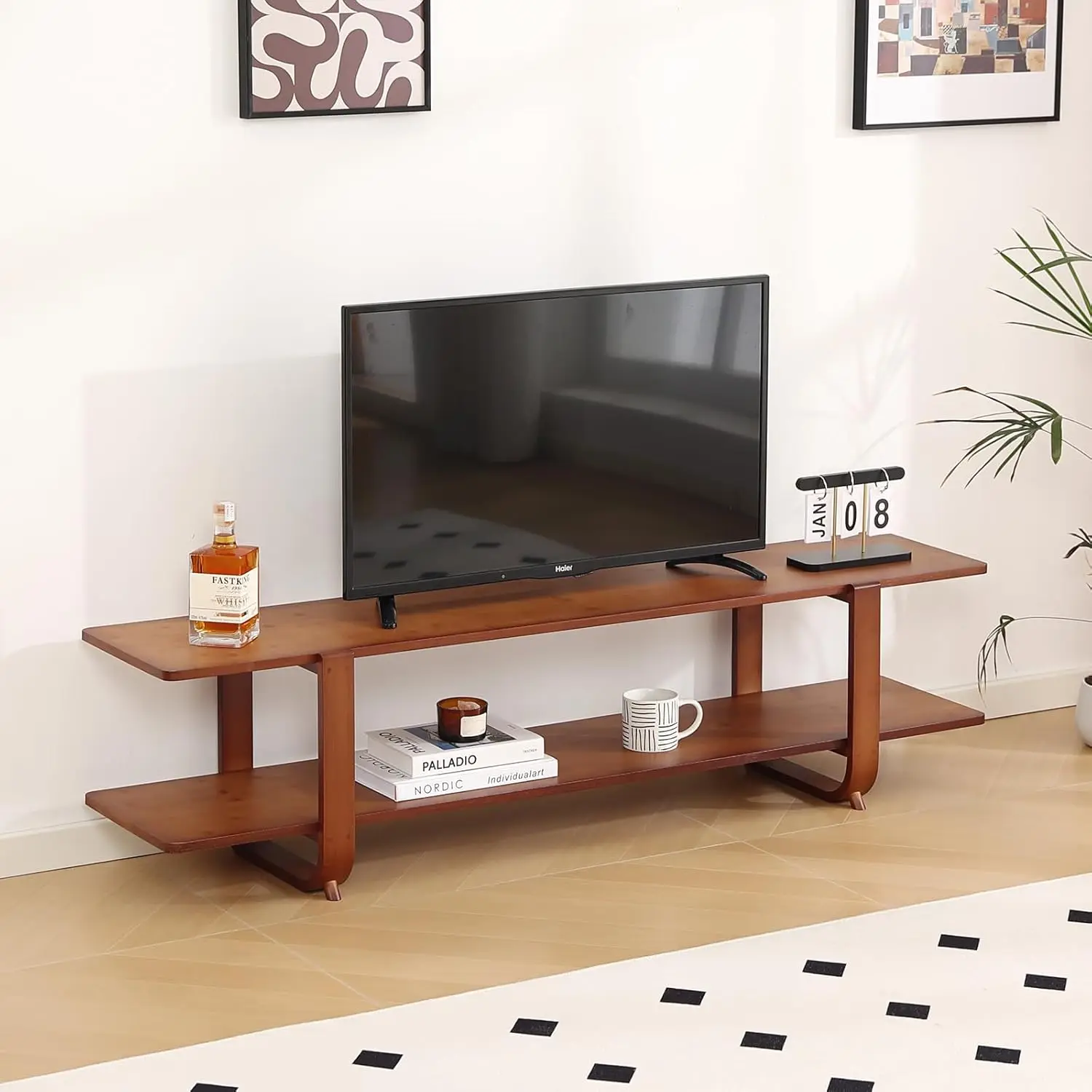 

TV Stand with Storage for TVs up to 65'', Bamboo TV Console Entertainment Center with 2 Open Shelf, Mid Century Modern Med