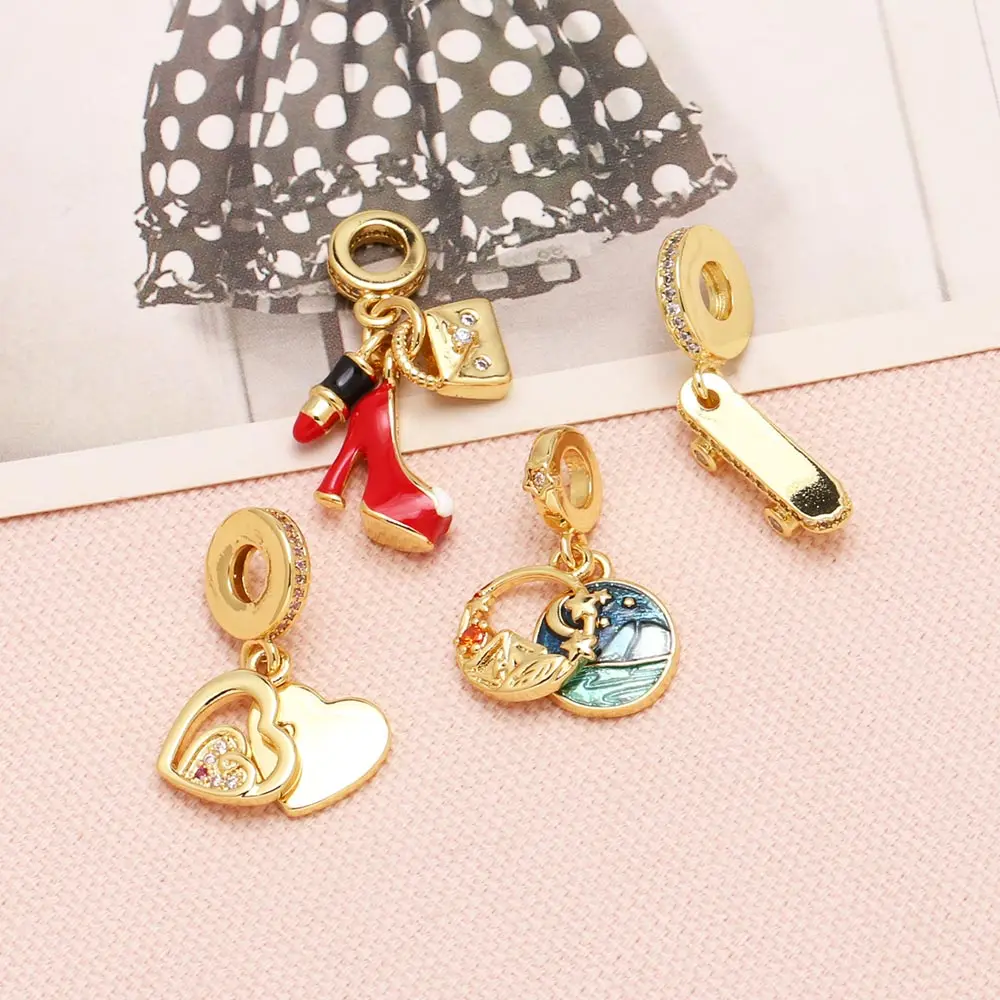 OCESRIO White Crystal Heart Pendant for Necklaces Copper Gold Plated Skateboard Enamel Makeup Jewelry Making Component pdtb751