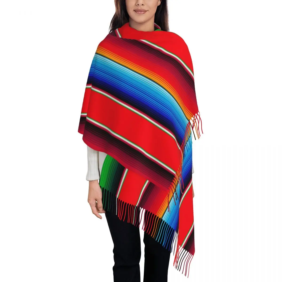 

Traditional Mexican Scarf for Women Fall Winter Cashmere Shawls and Wrap Rainbow Ethnic Long Scarves with Tassel for Daily Wear