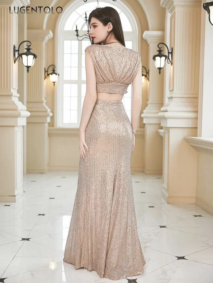 Women Sequin Mini Vest Top Long Skirt Sets Party Elegant Solid Spring Summer New Lady Fashion Sleeveless Mermaid Skirts