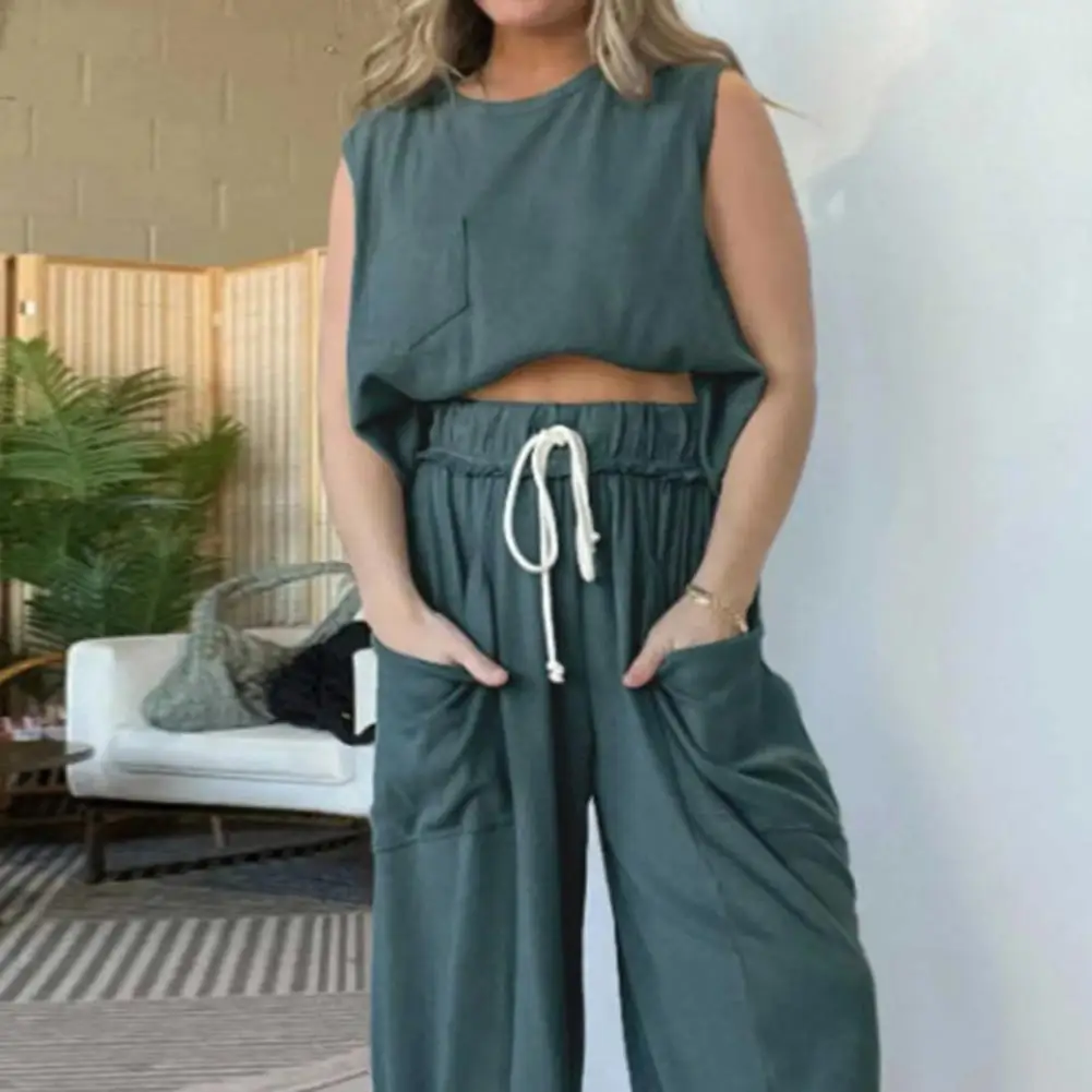 Women Two-piece Suit Round Neck Sleeveless T-shirt Full Length Wide Leg Pants Matching Set Summer Outfit Casual LadyTracksuit