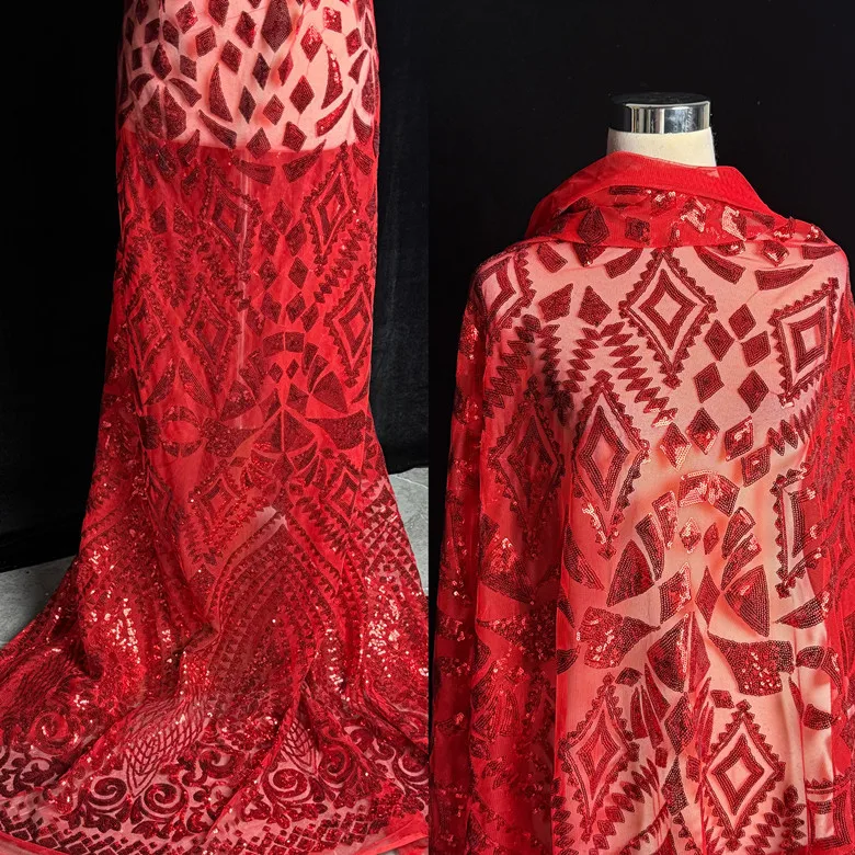 

High-quality red embroidered sequin tulle lace fabric for gown, wedding dress, and performance costume designer fabric