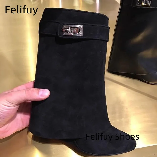 القرش قفل الأحذية أعلى جودة حذاء من الجلد أسافين كعب قصير بوتاس موهير أشار تو أحذية جلد طبيعي مصمم الأحذية النساء