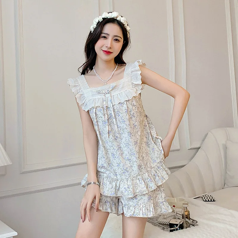 

Summer Japanese Sleeveless Print Women Homewear Two Piece Set Lady Cotton Pajamas Female Loose Casual Nightwear Sleepwear