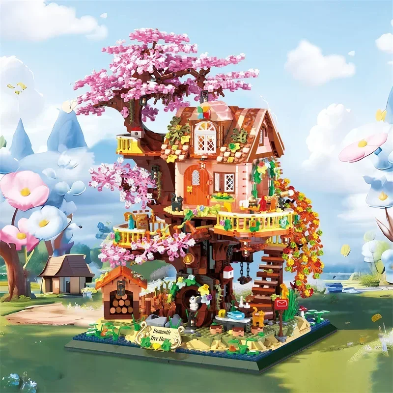 Bloques de Construcción 2 en 1, Casa de Árbol con Flores, Arquitectura DIY, Modelo de Ladrillos para Ensamblar, Adorno para el Hogar, Juguete de Construcción, Regalos de Cumpleaños para Niños
