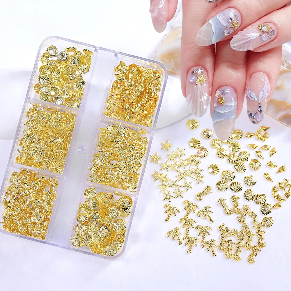 

6Grids Ocean Gold Rivet Nail Art Charms 3D Starfish Shell Seahorsea Acrylic Flower Nail Rivet Metallic Slice DIY Nail Jewery Dec