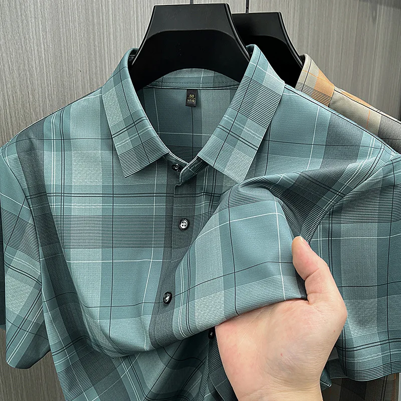 Linen Men's Shirt New Fashion Plaid Short-sleeved Shirt Lapel Linen Shirt Men's