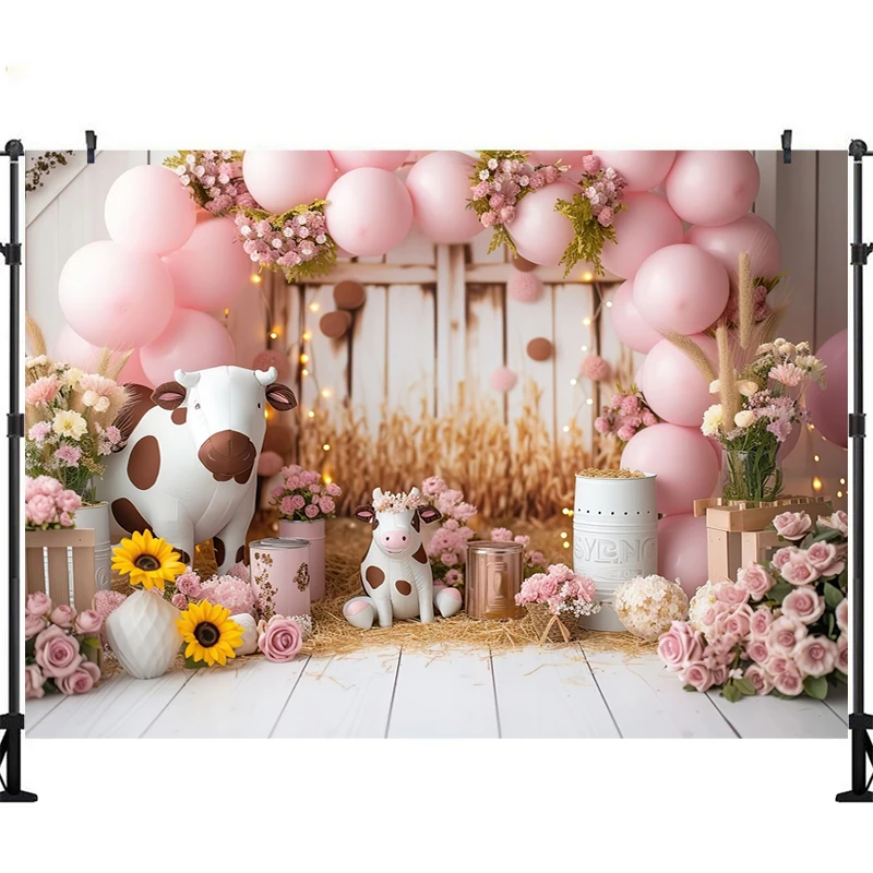 LS Photography Background Farm Barn Cow Balloon Decoration Props Kids Birthday Party Cake Smash Photo Backdrop Studio