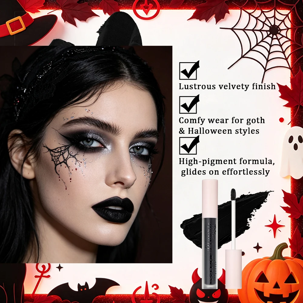 Black matte lip gloss, easy to apply, waterproof, gothic style, Halloween lip gloss