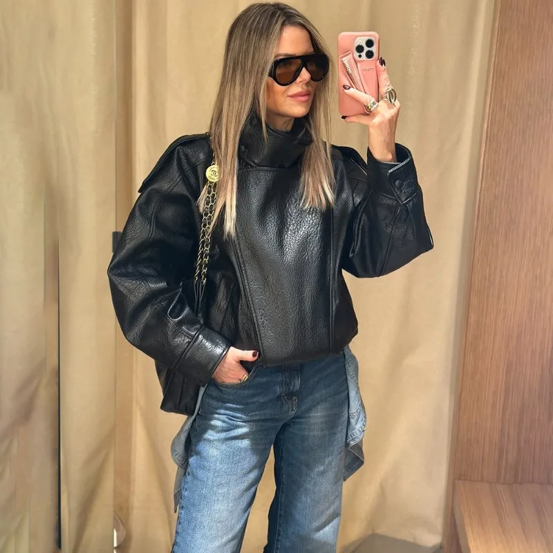 

Talenza Casual Chic Black Leather Jackets Women Long Sleeve Buttons Elastic Oversized Coats Fashion 2025 Autumn Streetwear Coats