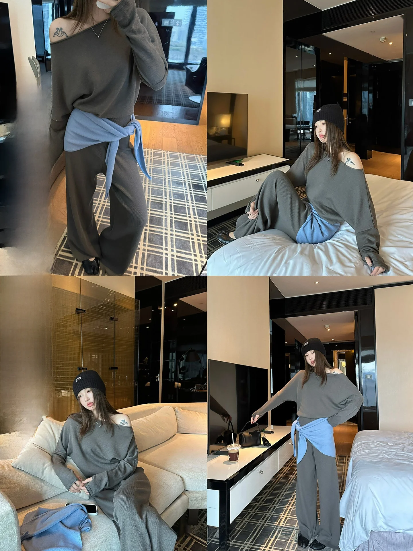 

NingSi Casual Knitted ort T-irt Women's Loose Fit Elastic Waist Long Pants Set Autumn New Sle Ladies Faion Top