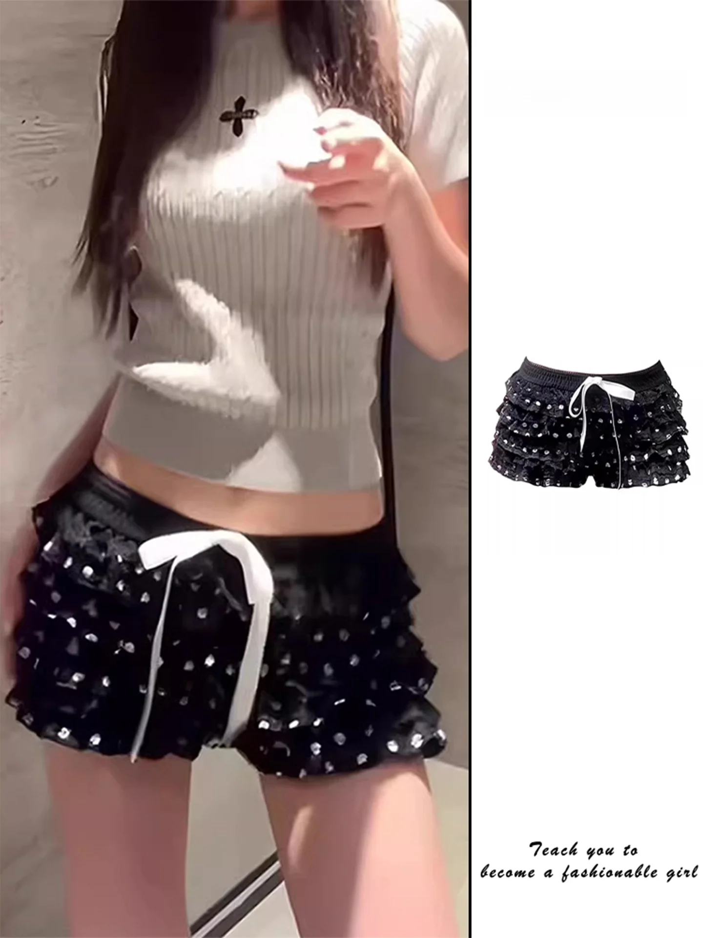 Low-Waist Lace Polka Dot  Knot Cake Skirt Short Pants Sexy Girl Summer Pure Desire Fluffy Short Skirt for Women