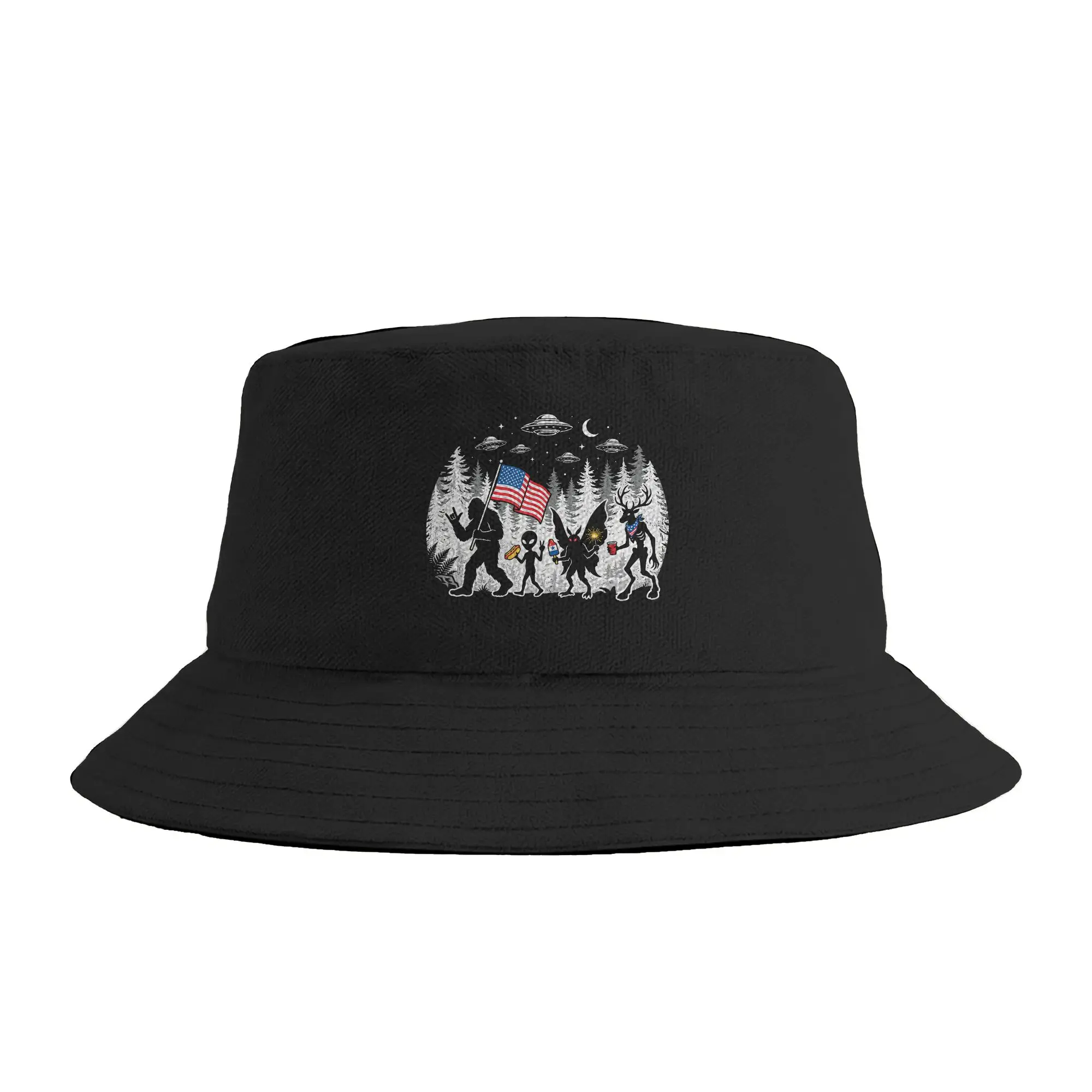 Funny Bigfoot Alien Patriotic 4th of July UFO Forest Bucket Hat Summer  Funny Fisherman Hats For Unisex Portable Vacation Caps