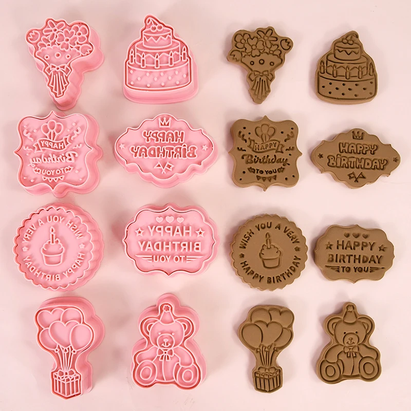 

8pcs Happy Birthday Theme Cookie Cutters 3D Bear Flower Balloon Biscuit Mold Cookie Stamps Birthday Party Baking Pastry Bakeware