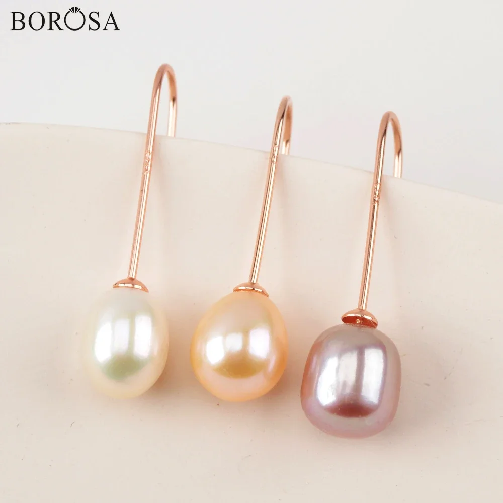 

BOROSA 3Pairs Cocktail 925 Sterling Silver Earrings Drop Shape Natural Pearl for Women Rose Golden Dangle Earring Jewelry Gifts