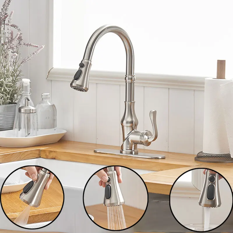 Nickel Kitchen Faucet With Pull Out Sprayer 3 Spray Modes Single Handle Singe Lever High Arc Kitchen Sink Faucet with Deck Plate