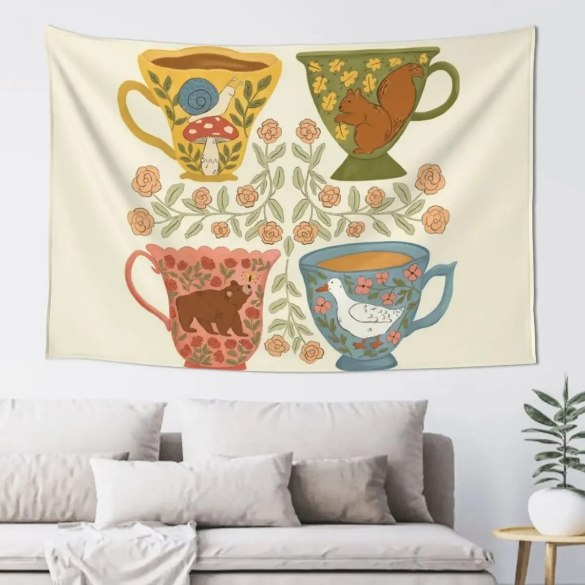 

Floral Animal Teacups Tapestry Wall Decoration Items Room Decorating Aesthetic Bedroom Organization And Decoration Tapestry