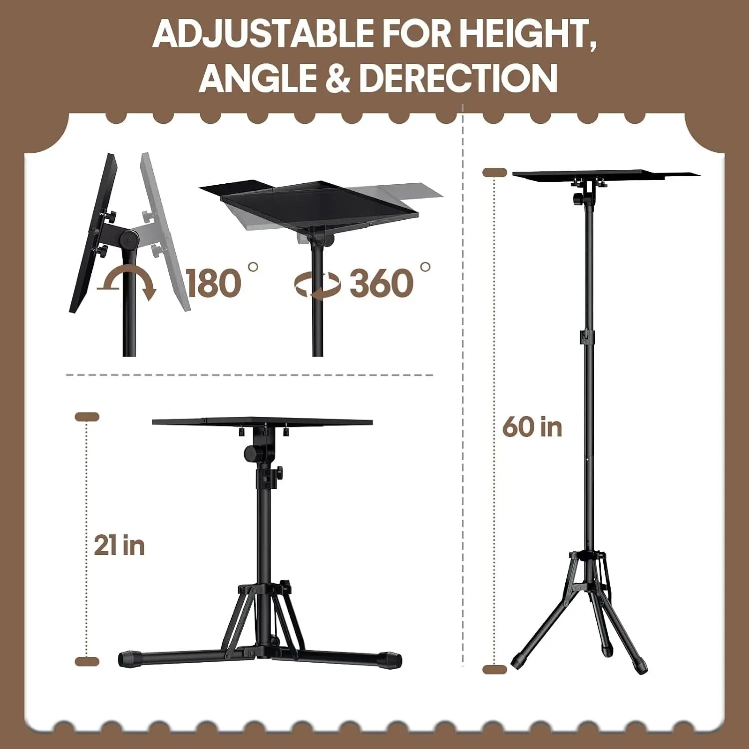 Adjustable Projector Stand 20-61in, Foldable Tripod with Tray & Phone Holder, Portable Laptop Floor Stand for Office Home Stage view 2