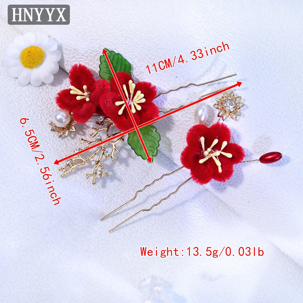 HNYYX New Chinese Style Hairpin Red Flowers U-shaped Hair Clips Elegant Headdresses Bridal Cocktail Dress Hair accessories A393
