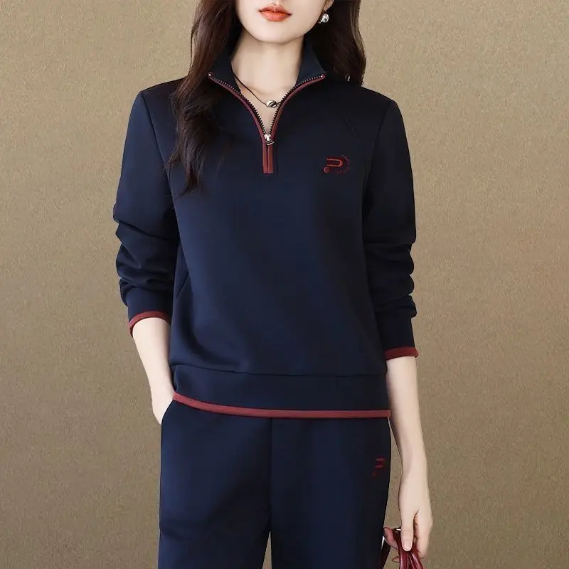 Women Casual Sports Two Piece Set Half Zip Stand Collar Sweatshirt Pants Elegant Track Suit Spring Autumn