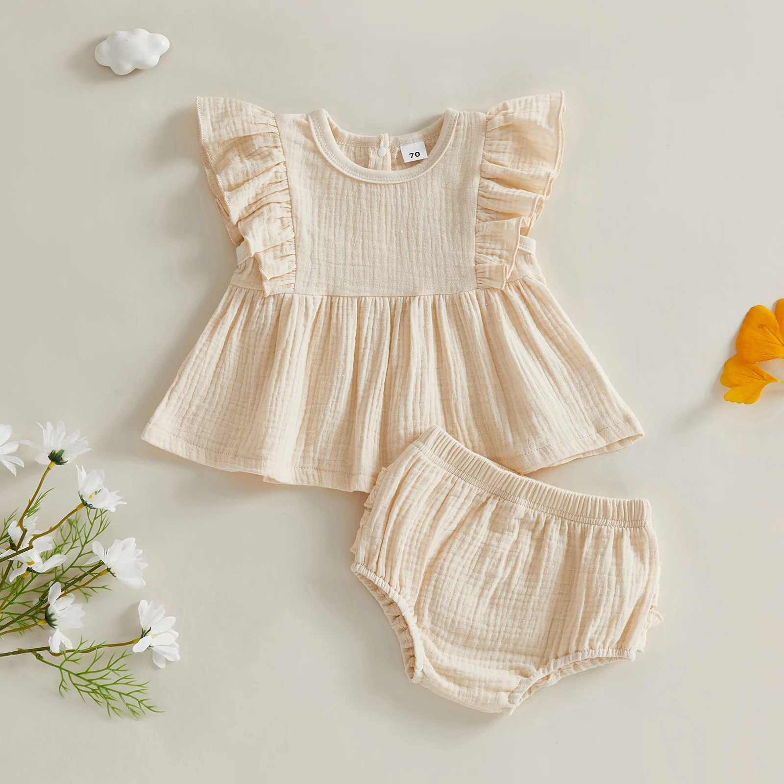 Tregren 3-24M Toddler Infant Baby Girl Summer Outfit Solid Color Flying Sleeve Ruffle Tops and Shorts 2 Piece Cotton Linen Sets