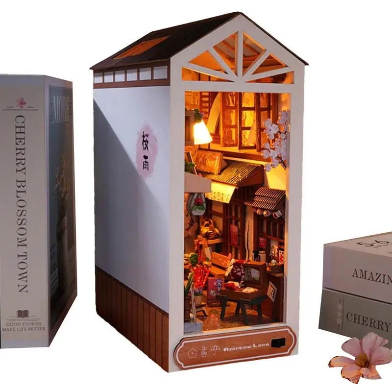 3d Wooden Puzzle Bookend After The Rain Book Nook Shelf Insert Book Corner Book Stand DIY Miniature Room Puzzle House Model Kits