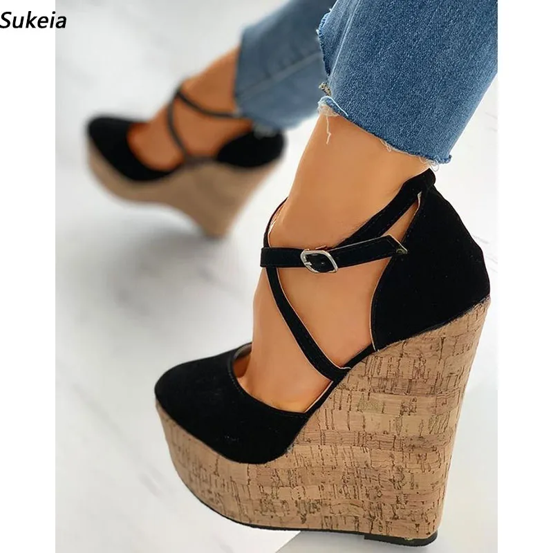 

Sukeia New Fashion Women Platform Pumps Buckle Strap Wedges Heels Round Toe Beautiful Black Party Shoes US Plus Size 5-20