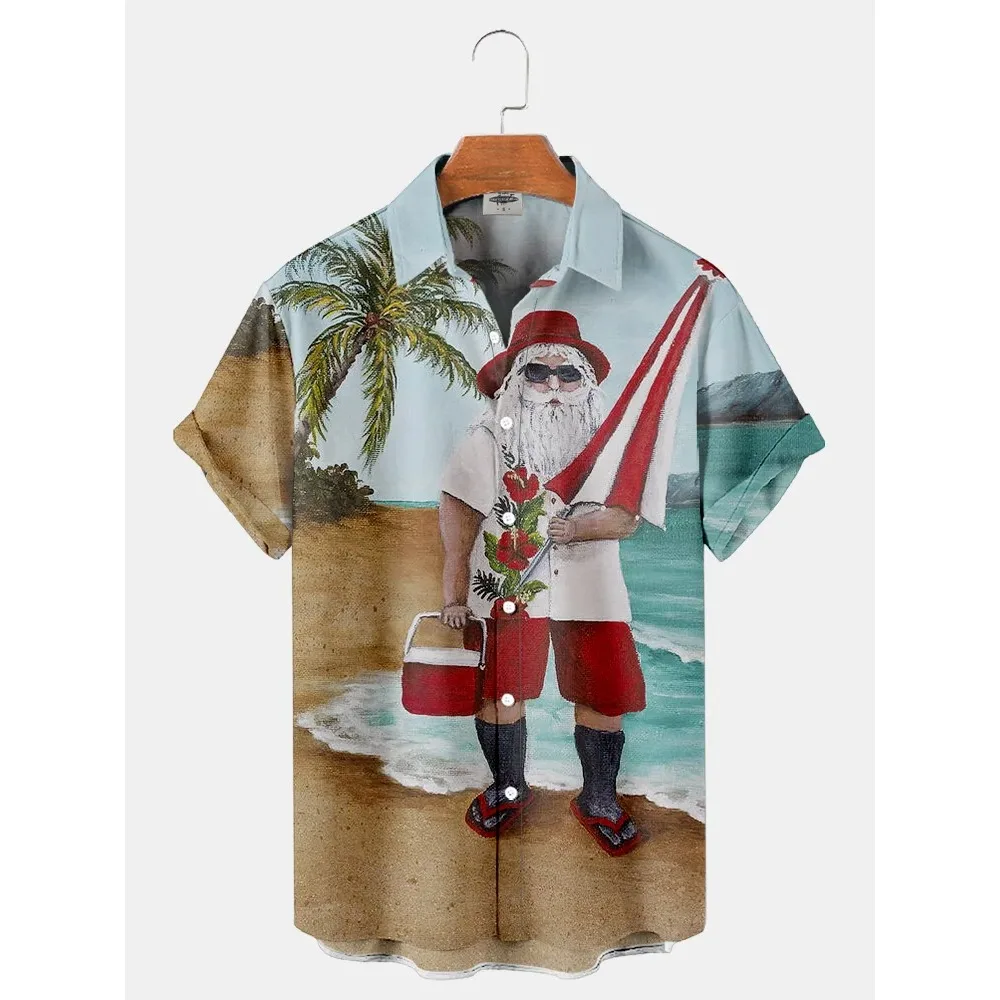 Color Hawaiian Oversized Sacks for Men Casual Dress Shirts Men's Luxury Clothing God Santa Claus Robe Camisa Floral Masculina