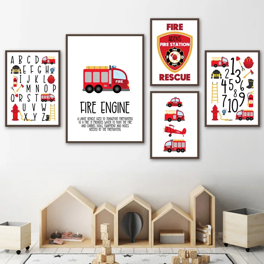 

Airplane Ambulance Fire Vehicle Fireman Numbers Wall Art Canvas Painting Nordic Posters And Prints Wall Pictures Kids Room Decor