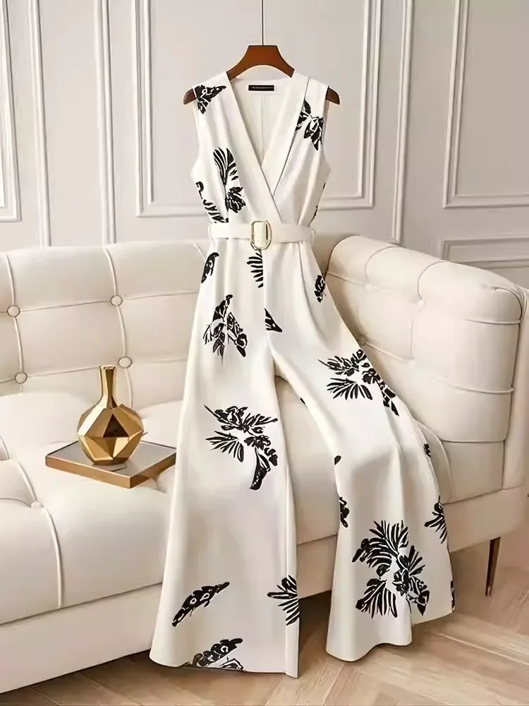 

White Printed Jumpsuit For Women In Summer, New High-End Style, Old-Fashioned Style, Hanging And Elegant Pants