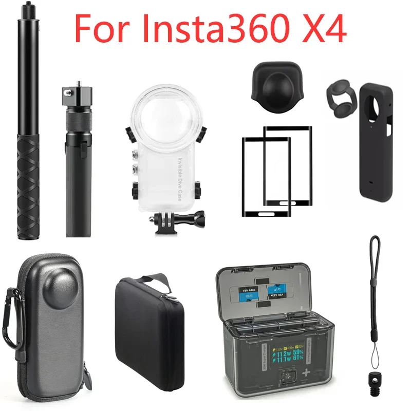 Per Insta360 X4 accessori Dive Case Selfie Stick Storage Bag copriobiettivo protezione dello schermo cinturino da polso a mano scatola di ricarica