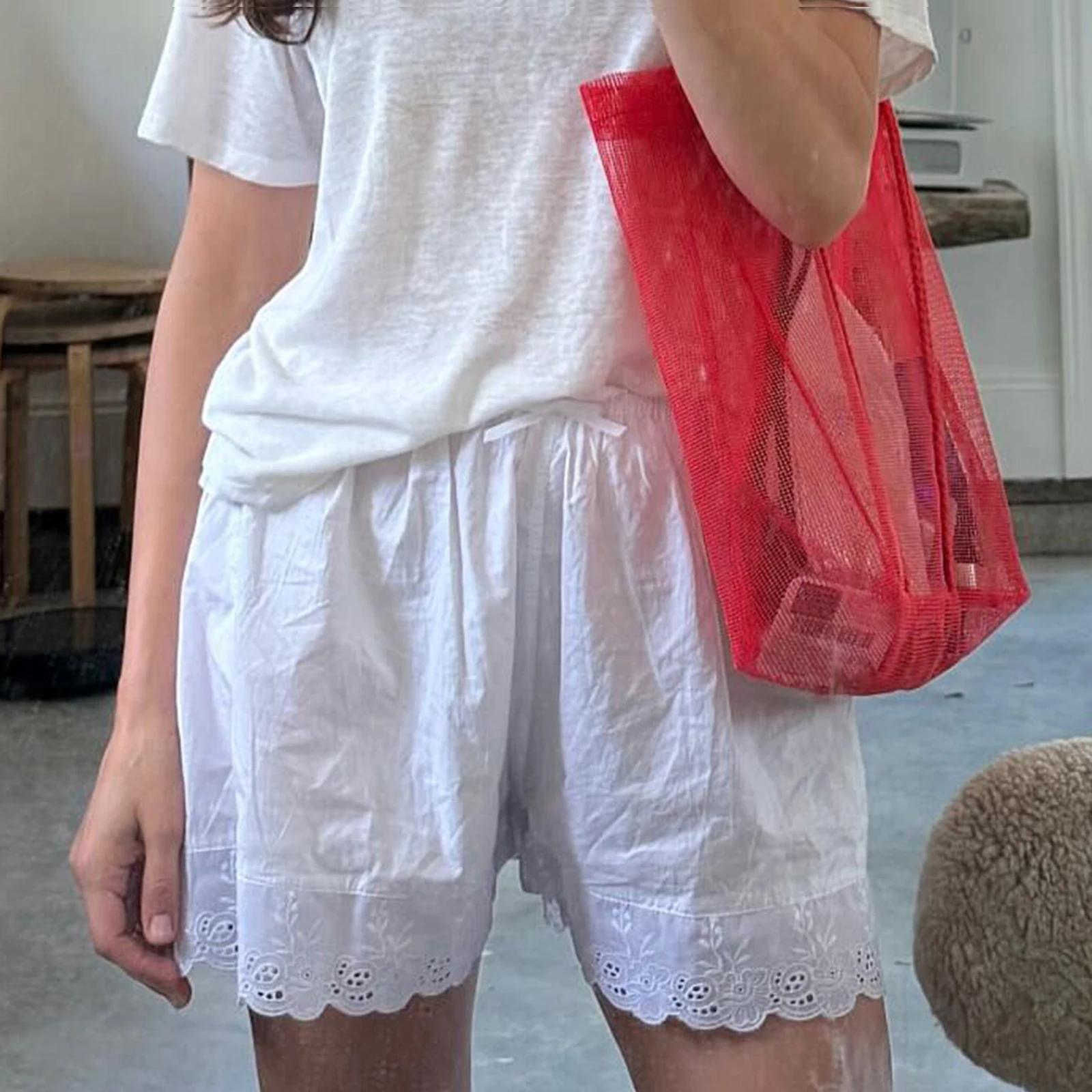 

Мешковатые шорты с кружевной отделкой для женщин, широкие шорты с высокой талией для отдыха, вязаные крючком кружевные шорты для пляжного отдыха